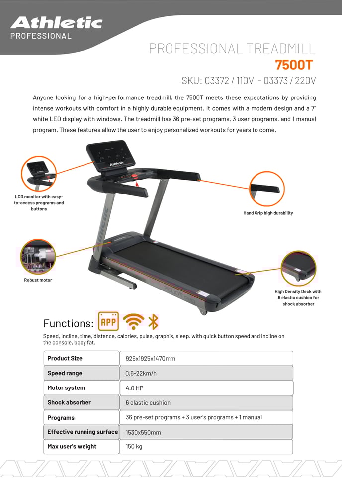 03372 - 03373 - PROFESSIONAL TREADMILL - 7500T - PRODUCT CHART