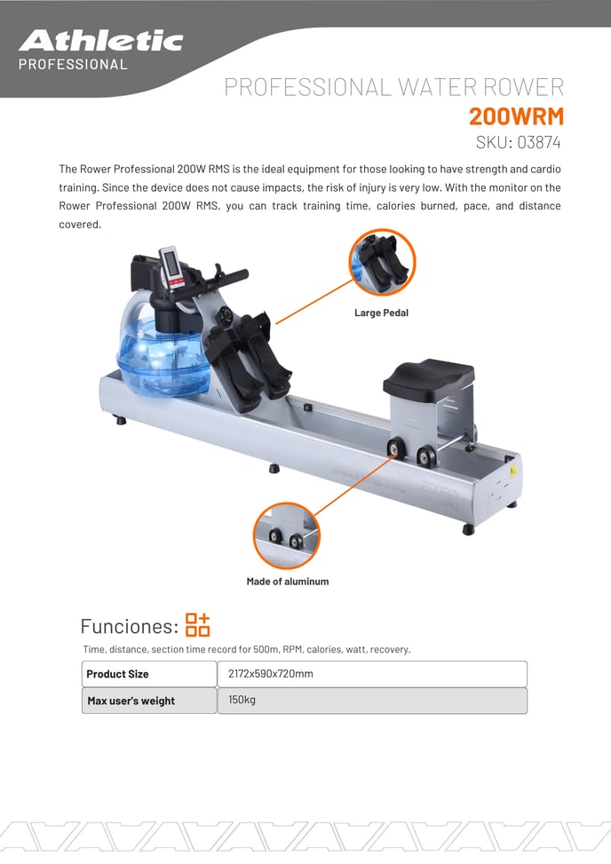 03383 - PROFESSIONAL WATER ROWER - 200WRM - PRODUCT CHART