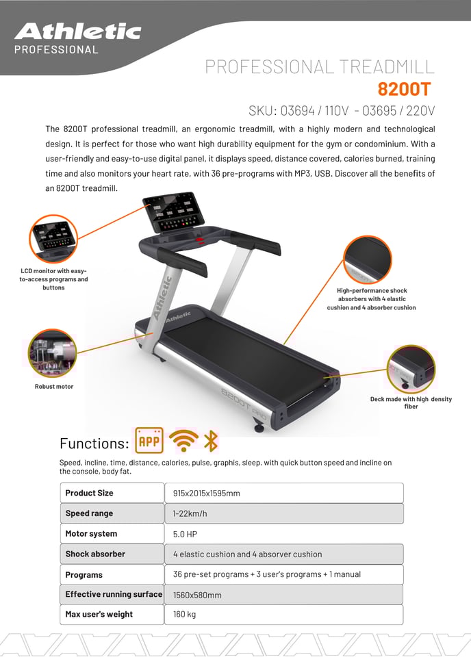 03694 - 03695 - PROFESSIONAL TREADMILL - 8200T - PRODUCT CHART