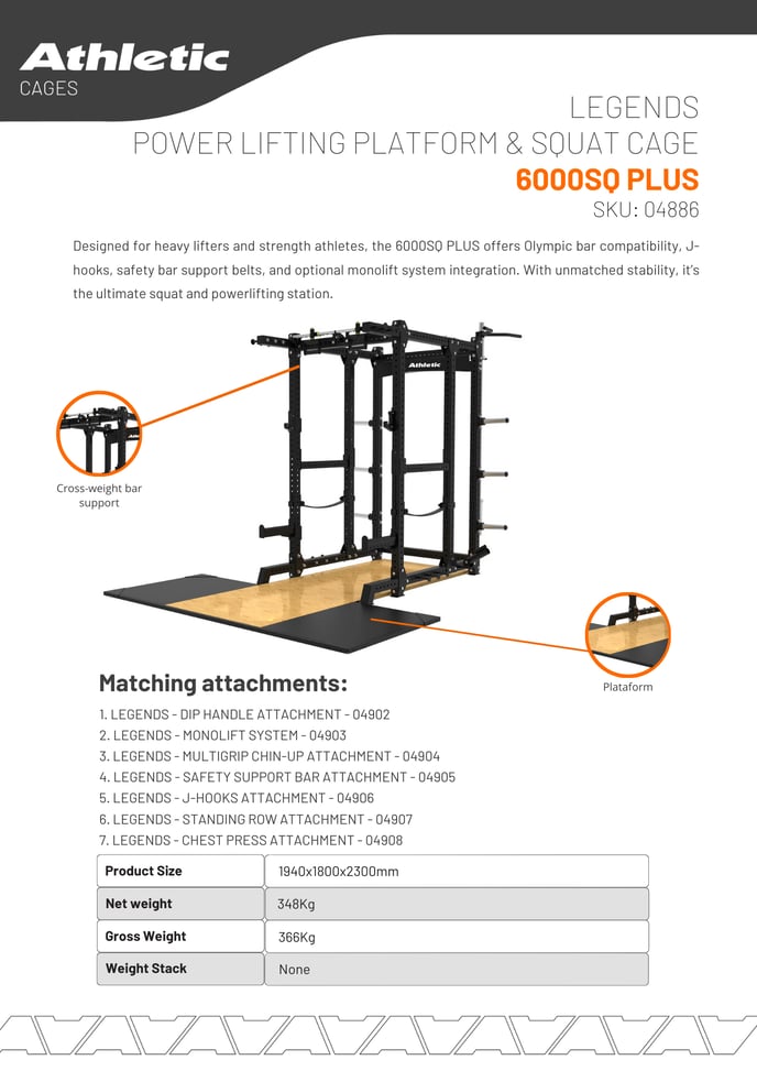 04886 -LEGENDS POWER LIFTING PLATFORM & SQUAT CAGE 6000SQ PLUS - PRODUCT CHART 1.2